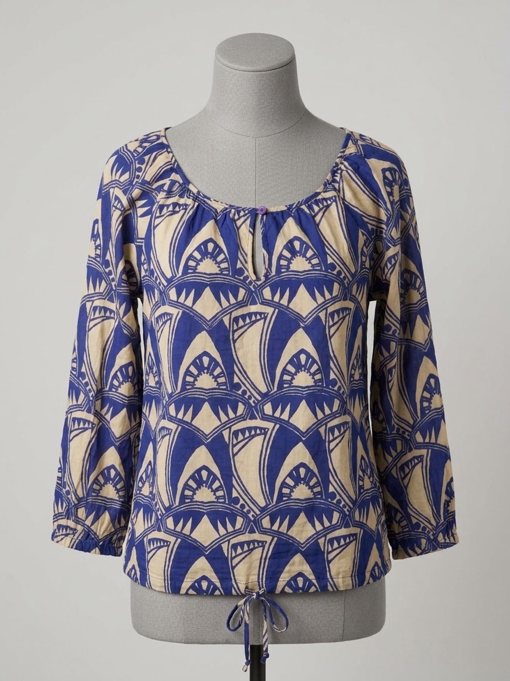 Antik Batik Navy and Cream Printed Peasant Top